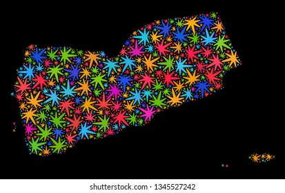 Bright vector marijuana Yemen map mosaic on a black background. Concept with bright weed leaves for weed legalize campaign. Vector Yemen map is designed with weed leaves.