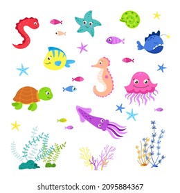 Bright, vector, marine, cartoon fish. Underwater animals. Children's preparation of fish and algae. Underwater world. Isolated on white background.