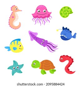 Bright, vector, marine, cartoon fish. Underwater animals. Children's preparation of fish and algae. Underwater world. Isolated on white background.