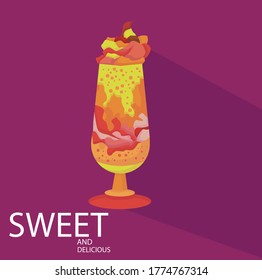 Bright vector milkshake with yellow and orange creams, dark shadow and purple background. Sweet and delicious. Made with love.