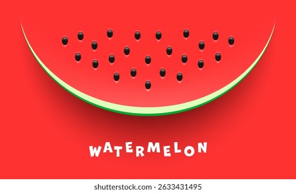 Bright vector minimalistic illustration of a watermelon slice with seeds and fun text on red background. Perfect for summer food themes, kids design, labels, or healthy lifestyle content