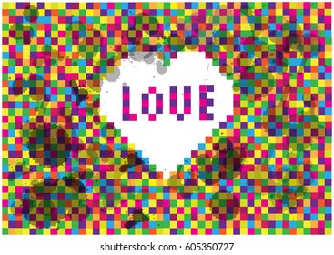 bright vector mosaic squares background with heart frame, text and dirty ink blots