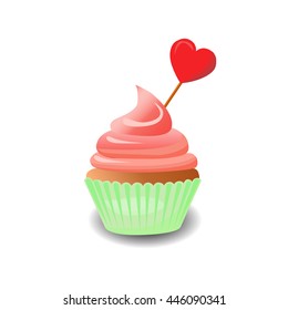 bright vector muffin with cream and a heart on a stick