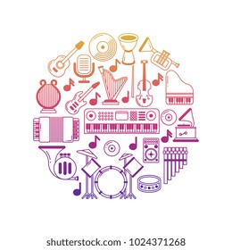 Bright vector music poster with musical instruments icons in round illustration