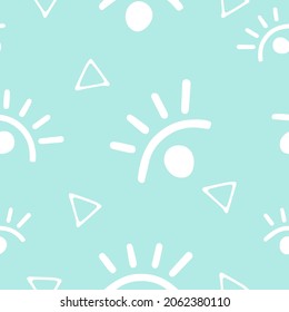 Impresión mística vectorial brillante en forma de contornos blancos de ojos de dibujos animados y triángulos sobre un fondo azul brillante contrastante. Impresión, patrón o fondo misterioso y pegadizo