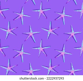 bright vector nautical print. neon mother-of-pearl starfish on a purple background. seamless reverse pattern.