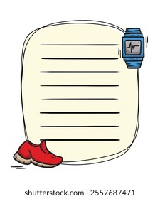 Bright vector notepad page template with sneakers and fitness clock. Hand drawn page layout for notes, sports training diary, fitness, gym visit