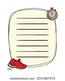 Bright vector notepad page template with sneakers and stopwatch. Hand drawn page layout for notes, sports training diary, fitness, gym visit