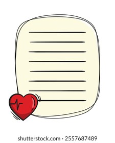 Bright vector notepad page template with heart and cardiogram rhythm. Hand drawn page layout for notes, sports training diary, fitness, gym visit