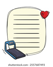 Bright vector notepad page template with treadmill and heart rate. Hand drawn page layout for notes, sports training diary, fitness, gym visit