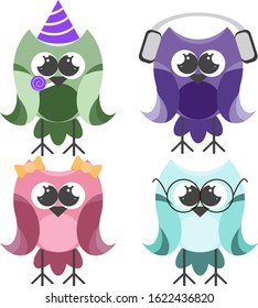 Bright vector owls in four variations with different objects, with bows, headphones, glasses, a cap.