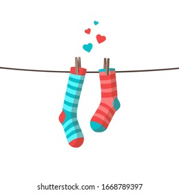 Bright vector pair blue   pink striped socks hanging rope and hearts above  Cute clothes  Cartoon summer illustration about love  Romantic card