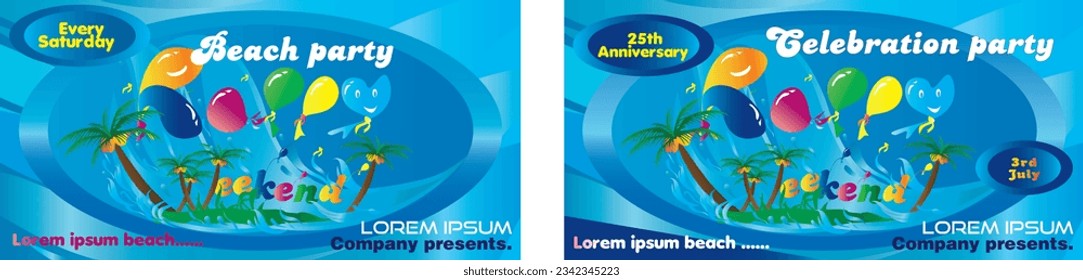Bright vector party design with balloons, palm trees, and a beach background. Great for summer events, anniversaries, invitations, holiday flyers, or tropical celebrations.