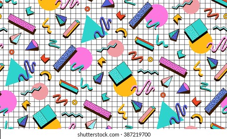 Bright vector pattern 80's. Background checkered bumage. Abstract geometric shapes. Illustration for hipsters Memphis style.