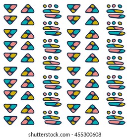 Bright vector pattern with African ornament. Children geometric illustration. Handmade. Form a triangle, a line, a circle. It can be used for packaging, invitations, greeting cards, etc.