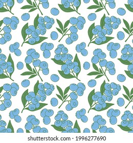 A bright vector pattern with blue berries. Summer seamless illustration of blueberries on a white background. For printing prints on fabrics, clothing and accessories, packaging, wedding invitations.