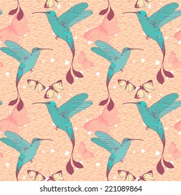 Bright vector pattern with colibri birds and butterflies