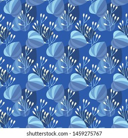 Bright vector pattern of flowers and leaves on a dark blue background. Perfect for packaging, textiles and design in printing