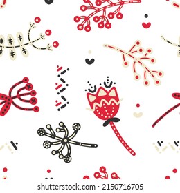 Bright vector pattern in folk Scandinavian style. Floral print with twigs, bouquets and ornaments in wine, gray and beige shades for background, textile, wrapping, decor, holidays, gifts, interior