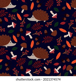 A bright vector pattern with a hedgehog, mushrooms, branches and berries. autumn pattern Ideal for postcards, children's gifts, covers, invitations, backgrounds. 
