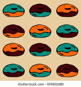 Bright vector pattern with illustrations donut. For lovers of sweets. Colored shapes cafe. It can be used for packaging, invitations, greeting holiday image on a t-shirt, etc.