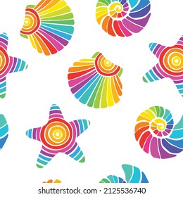 Bright vector pattern with marine life. Seamless background with seashells and starfish. Rainbow colors. Summer bright background. Fabric, paper.
