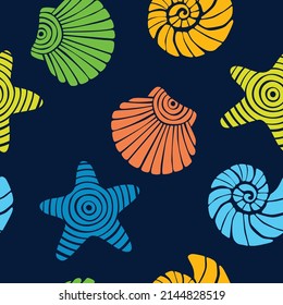 Bright vector pattern with marine life. Seamless background with seashells and starfish. Summer bright background. Fabric, paper.