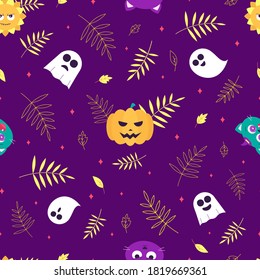 Bright vector pattern on the theme of happy halloween with cats, ghosts, pumpkins and leaves. Vector illustration for print, postcard and textile