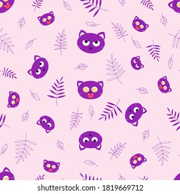 Bright vector pattern on the theme of happy halloween with cats and leaves. Vector illustration for print, postcard and textile