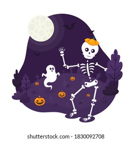 Bright vector pattern on the theme of happy halloween with skeleton, ghost, crosses and pumpkins in the cemetery. Vector illustration for print, postcards and textiles