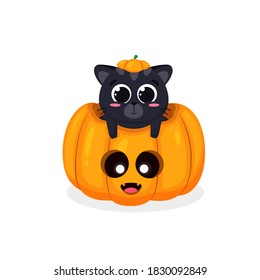 Bright vector pattern on the theme of happy halloween with a cat in a pumpkin. Vector illustration for print, postcards and textiles