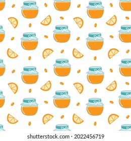 A bright vector pattern of orange jam in jars. Autumn seamless illustration with orange slices and jam, for printing on packaging, fabric, wallpaper, textiles, postcards and much more.