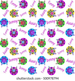 Bright vector pattern with rabbit snout and says "Funny bunny" on a white background. Children's cartoon style.