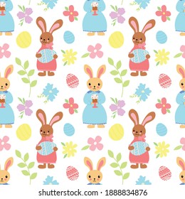 Bright vector pattern with rabbits in dresses with painted eggs, cakes and flowers on a white background. Easter ornament.
