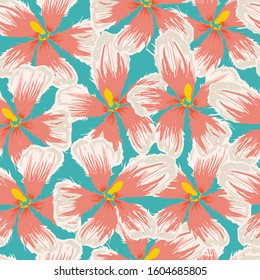 Bright vector pattern with  water flowers and green leaves, top view