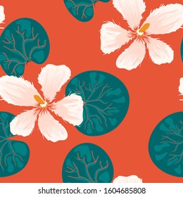 Bright vector pattern with  water flowers and green leaves, top view