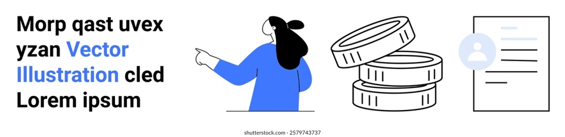 Bright vector of person pointing with coins and document icon. Ideal for financial services, business management, document management, marketing, and web design. Banner for landing page