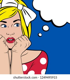 Bright Vector Pop Art illustration of a woman in retro style. Blank speech bubble.