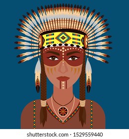 Bright vector portrait of native american Indian woman in national clothes. Flat design cartoon style