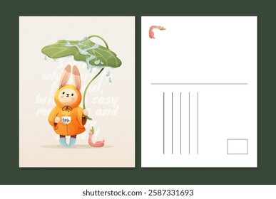 A bright vector postcard design features a rabbit in an orange raincoat holding a leaf umbrella with a worm, set against a light beige background with a green back side