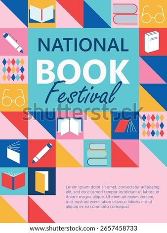 Bright vector poster with books and reading symbols. Perfect for library events, book festivals, school projects and education designs. Modern colorful layout for print and web.