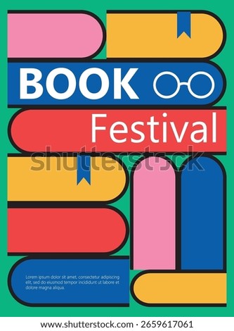 Bright vector poster with books and reading symbols. Perfect for library events, book festivals, school projects and education designs. Modern colorful layout for print and web.