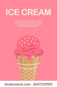 Bright vector poster celebrating July as National Ice Cream Month. Colorful ice cream cones and popsicles in flat style. Perfect for summer ads, banners, prints, and social media.
