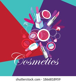 Afiche vectorial luminoso con lápiz labial de cosméticos sobre fondo de arte pop. Diseño publicitario de lápiz labial y cosméticos en un afiche brillante