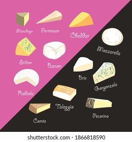 Bright vector poster with different cheeses on pop art background. Advertising design different cheeses on a bright poster