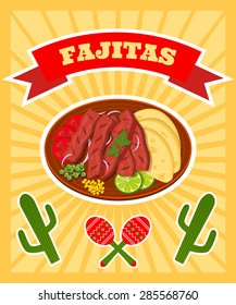 bright vector poster with illiustration of traditional mexican dish - fajitas