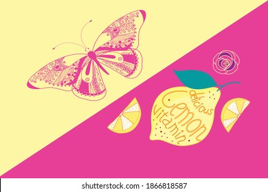 Bright vector poster with lemons and a butterfly on a geometric background. Lemon and juice ads