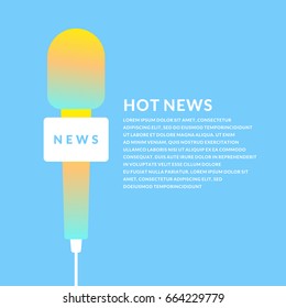 Bright vector poster with the news of a microphone and a field for text on bright background. Vector illustration in flat, minimalistic style.