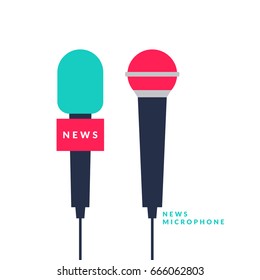 Bright vector poster with news microphones and a field for text on bright background. Vector illustration in flat, minimalistic style.