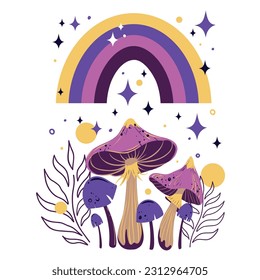 Bright vector poster with rainbow, mushrooms, twigs and glitter stars, mushroom spores. Print in trendy colors 